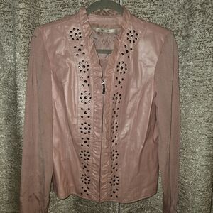 Peter Nygard vintage pearl pink leather jacket with knitted sleeves and back